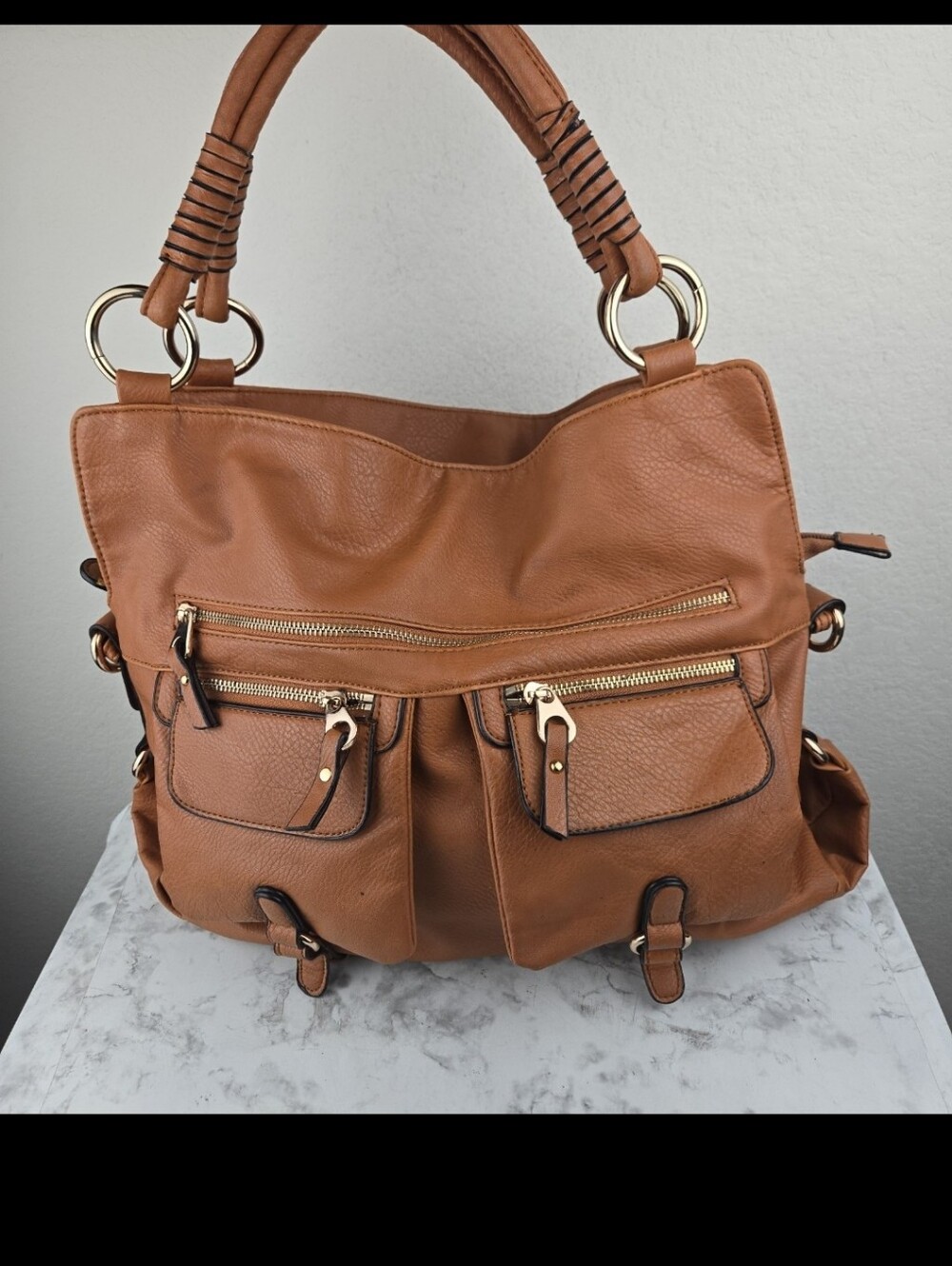 Urban Expression Tan Leather Tote Handbag with Front Pockets